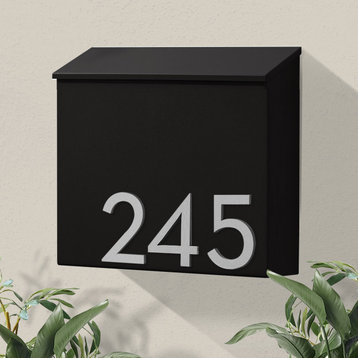 The Inbox Wall Mounted Mailbox  + House Numbers, Lock Included, Outgoing Flag, Black, Silver Font
