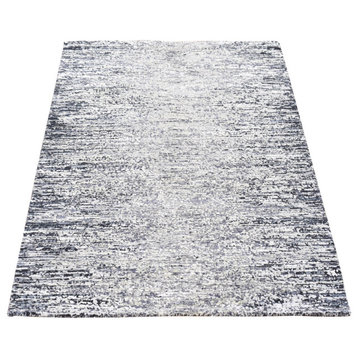 Black Pure Silk and Wool Modern Design Hand Knotted Mat Rug, 3'0" x 5'0"