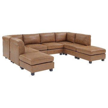 Partner Furniture Faux Leather 120" Modular Sectional with Ottoman in Ginger