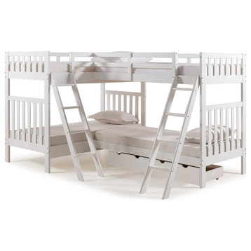 Aurora Twin Over Twin Wood Bunk Bed, Quad Bunk Extension, Drawers, White