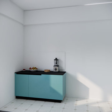 Minimalist Teal Kitchen Cabinet with Blender & Fruit