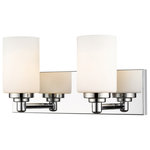 Z-Lite - Soledad Two Light Vanity, Chrome - Let your bathroom bedroom or hallway bask in soft warm light. This contemporary two-light wall sconce has a sophisticated streamlined look and extends from a long mirrored plate for extra gleam. From the sconce's cylindrical white etched glass shades to its chrome finish this fixture stylishly upgrades your space.