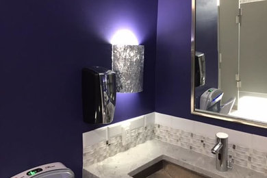 Large minimalist gray tile, white tile and matchstick tile alcove shower photo in Miami with purple walls, a trough sink and marble countertops