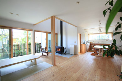 Diseño de salón de estilo zen con estufa de leña y marco de chimenea de piedra