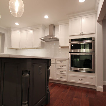 Gray Ktichen Island with Oversized Glass Pendants