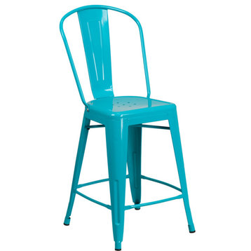24" High Crystal Teal-Blue Metal Indoor-Outdoor Counter Height Stool,Back