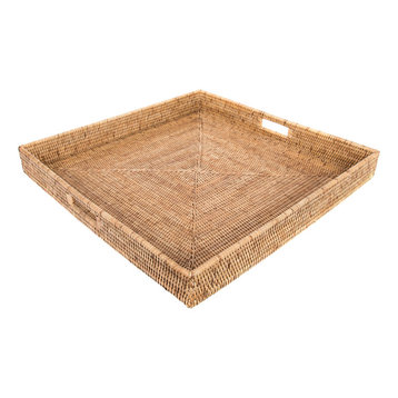 Artifacts Rattan™ Square Ottoman Tray with Cutout Handles, Honey Brown, 20"x20"