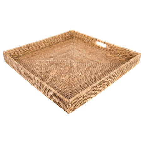 Artifacts Rattan™ Square Ottoman Tray with Cutout Handles, Honey Brown, 20"x20"