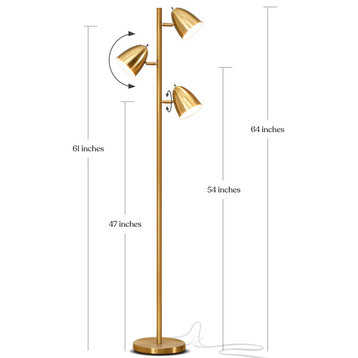Brightech Jacob, LED Floor Lamp, Modern Adjustable 3 Light Tree, Brass