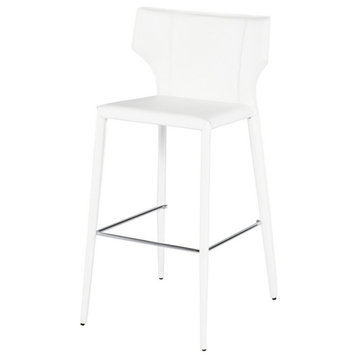 Mauno Bar and Counter Stool Set of 2, White Leather Seat Brushed Stainless, Bar