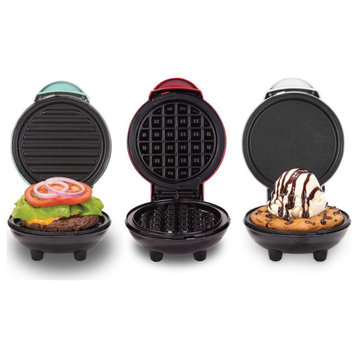 Mini Maker Waffle Maker + Griddle, 2-Pack Griddle + Waffle Iron - Aqua, Red/Aqua/White