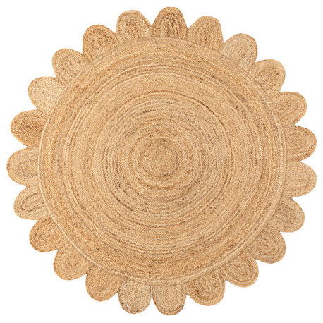 Petal Boho Jute Scalloped Circle Natural Round Area Rug, 4' Round