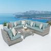 Cannes 6 Piece Aluminum Outdoor Patio Sectional and Table Set, Aqua