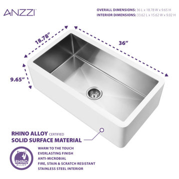 ANZZI Apollo Matte White Solid Surface Farmhouse 36" Single Bowl Kitchen Sink