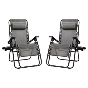Flash Furniture Metal Lounge Chair with Cup Holder Tray in Gray (Set of 2)