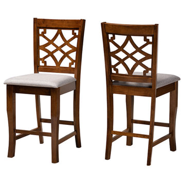 Talsky Modern Gray Fabric and Walnut Brown Wood 2-Piece Counter Stool Set