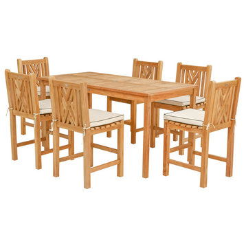 7 Piece Teak Chippendale 71" Rect Counter Set, 6 Armless Counter Stools