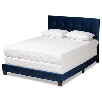 Caprice Glam Navy Blue Velvet Fabric Upholstered Full Size Panel Bed