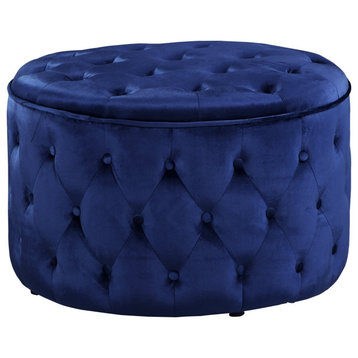 Contemporary Ottoman, Soft Velvet Fabric Seat With Diamond Button Tufting, Navy