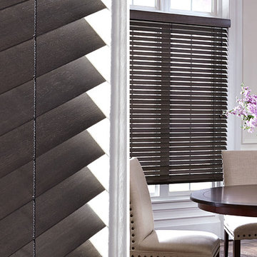 DARK WOOD BLINDS - Hunter Douglas Parkland Textures Dining Room