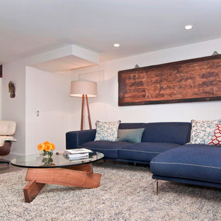 Inspiration for a small modern fully buried basement in Portland with white walls, concrete flooring and no fireplace.