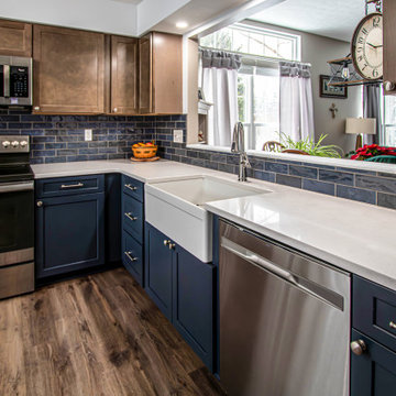 Two Tone Kitchen: Navy and Wood Kitchen with Carrara Wind Quartz Countertops