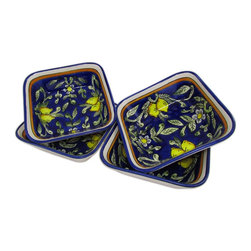 Le Souk Ceramique - Square Stoneware Pasta/Salad Bowls, Set of 4, Citronique Design - Serving And Salad Bowls