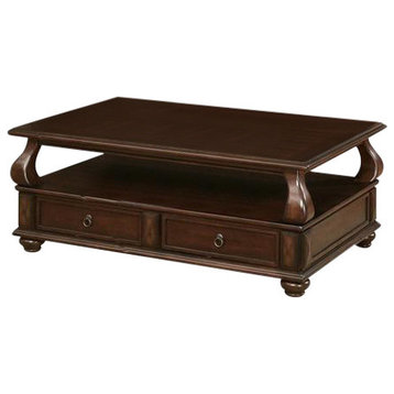 Benzara BM156753 2 Drawer Wooden Coffee Table With Bun Feet & Ring Pulls, Brown