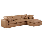 Meridian Furniture - Comfy Upholstered L-Shaped Modular Sectional, Cognac, 4-Piece: 1 Armless Chair, 2 Corner Chair, 1 Ottoman, Vegan Leather - Give your space a whole new look with this cognac Comfy vegan leather sectional. This handsome sectional fits nicely with other items in the Comfy collection and is a versatile seating option designed for adaptability, comfort and style. Wrapped in rich cognac durable vegan leathered upholstery, this sectional offers a plush embrace of overstuffed down feather cushions, carefully crafted to deliver the highest level of comfort. The perfect seat for creating an oasis for relaxation, this sectional has thick foam surrounding its frame for added support and coziness.