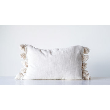 Cream Cotton Woven Slub Pillow With Plush Tassels