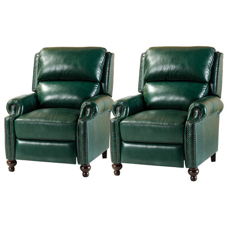 Genuine Leather Cigar Recliner, Home Theater Seating, Set of 2, Green