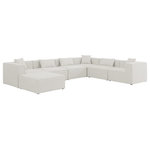 Meridian Furniture - Cube Upholstered Modular Sectional, Cream, 7-Piece: 3 Armless Chair, 3 Corner Chair, 1 Ottoman, Linen Texured Fabric - Treat yourself to some long overdue "me time" when you're seated on this Cube 7-Piece Modular Sectional. This beautiful modular unit is both eye-catching and elegant, features durable linen textured upholstery in a soft cream color that meshes well with nearly any existing color scheme. Pair this modular Sectional with other items in the same collection to create an unlimited number of combinations and enjoy the custom seating arrangement of your dreams. Latches underneath make it easy to attach pieces to one another.