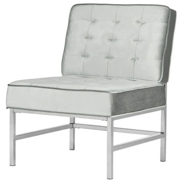 Elegant Accent Chair, Chrome Base and Square Tufted Linen Cushions, Light Gray