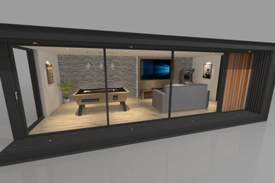 This is an example of a medium sized modern enclosed games room in London with a game room, grey walls, light hardwood flooring, no fireplace, a built-in media unit and grey floors.