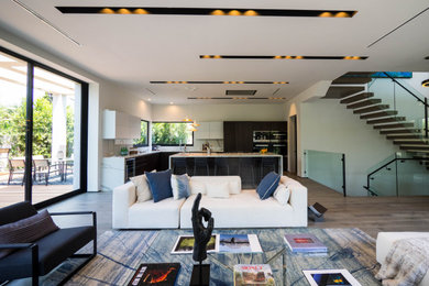 Cette image montre un salon minimaliste ouvert avec parquet foncé, un sol marron, une salle de réception, un mur blanc, une cheminée double-face, un téléviseur encastré et éclairage.