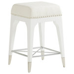 Lexington - Northbrook Counter Stool - The Northbrook counter stool offers a bold transitional design statement. The silhouette features spaced decorative nailhead trim around the seat and a cross-stretcher and ferrules at the base. The nailhead trim, stretchers and ferrules are all finished in polished nickel, giving the piece an eye-catching sparkle. The standard fabric is Sebring performance fabric, a tightly woven chenille construction in an artic white coloration. But the designs are also available in any custom fabric, leather or customer's own material as item 415-895.