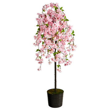 6' Cherry Blossom Artificial Tree, Black Tin Planter