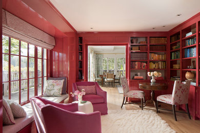 Example of a large classic enclosed light wood floor and beige floor home theater design in San Francisco