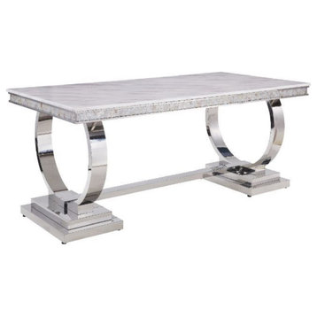 Dining Table, White Printed Faux Marble and Mirrored Silver Finish