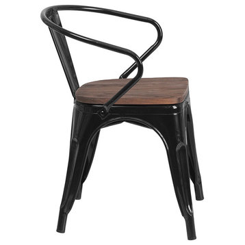 Black Metal Chair With Wood Seat and Arms