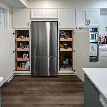 Custom Two-Toned Green and White Kitchen with Laventa Carrara Quartz Countertops