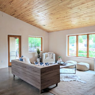 Mittelgroßes, Fernseherloses, Offenes Mediterranes Wohnzimmer mit weißer Wandfarbe, Betonboden, Kaminofen und grauem Boden in Sonstige