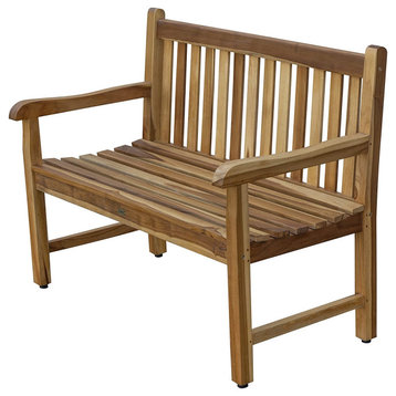 Outdoor Bench, Teak Wood Construction With Arms and Slatted Backrest, Natural