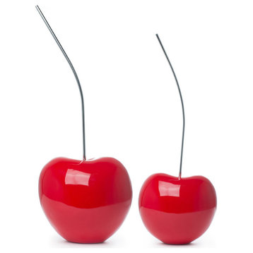 Cherry Decor Medium & Small Bright Red Resin Handmade Sculpture Set of 2