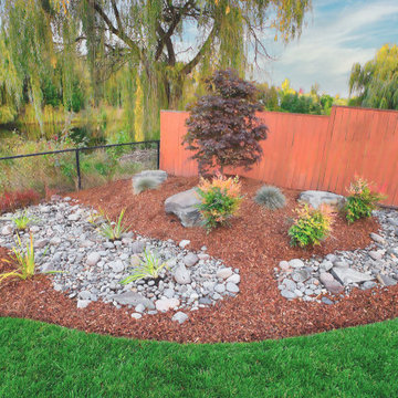 Backyard landscape in Hillsboro after. Right side berm