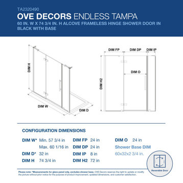 Endless TA2320490 Tampa Alcove and Base 60" W x 74 3/4" H Black