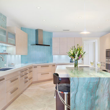 Spacious Newly-Completed Boca Kitchen with Aqua Accents