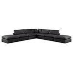 Meridian Furniture - Comfy Upholstered L-Shaped Modular Sectional, Black, 7-Piece: 4 Armless Chair, 1 Corner Chair, 2 Ottoman, Vegan Leather - Give your space a whole new look with this black Comfy vegan leather sectional. This handsome sectional fits nicely with other items in the Comfy collection and is a versatile seating option designed for adaptability, comfort and style. Wrapped in rich black durable vegan leathered upholstery, this sectional offers a plush embrace of overstuffed down feather cushions, carefully crafted to deliver the highest level of comfort. The perfect seat for creating an oasis for relaxation, this sectional has thick foam surrounding its frame for added support and coziness.