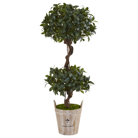 4.5' Sweet Bay Double Topiary Artificial Tree, Farmhouse Planter