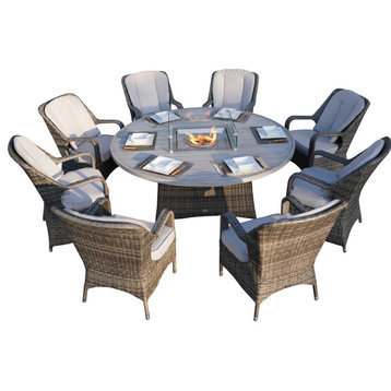 9-piece Outdoor Round Wicker  Gas Fir Pit Table with Chairs, Brown, Grey